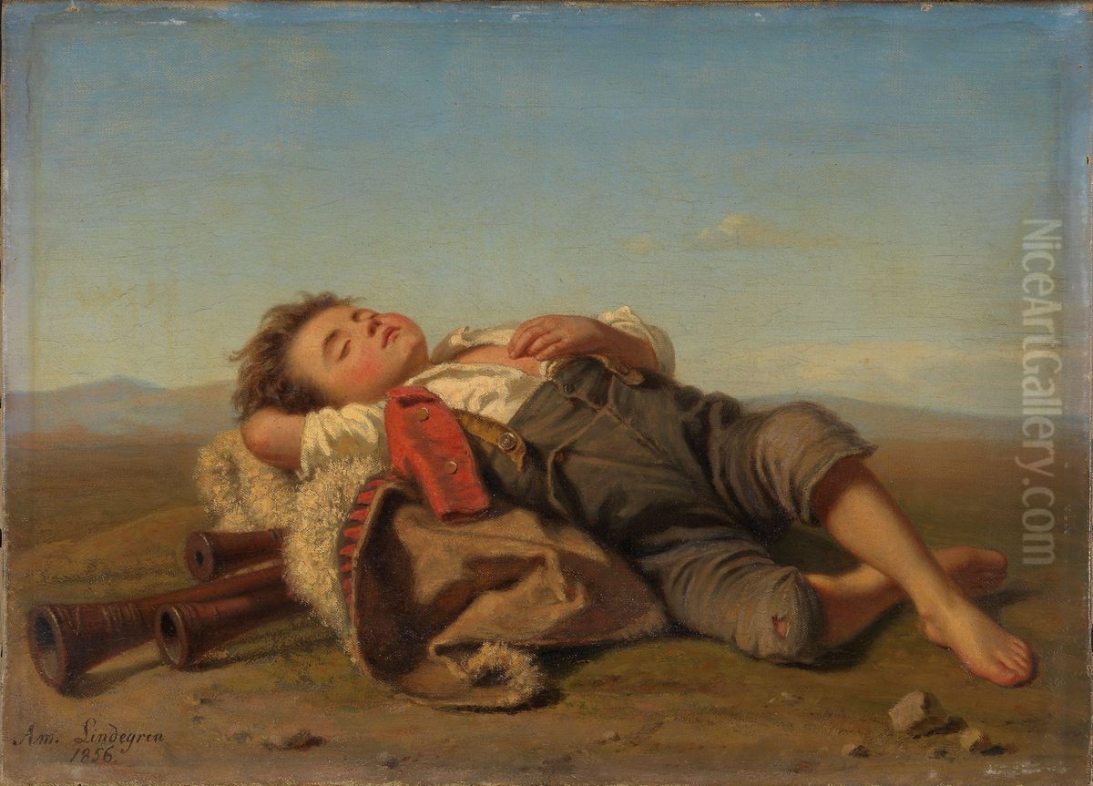 The sleeping shepherd boy Oil Painting by Amalia Lindegren