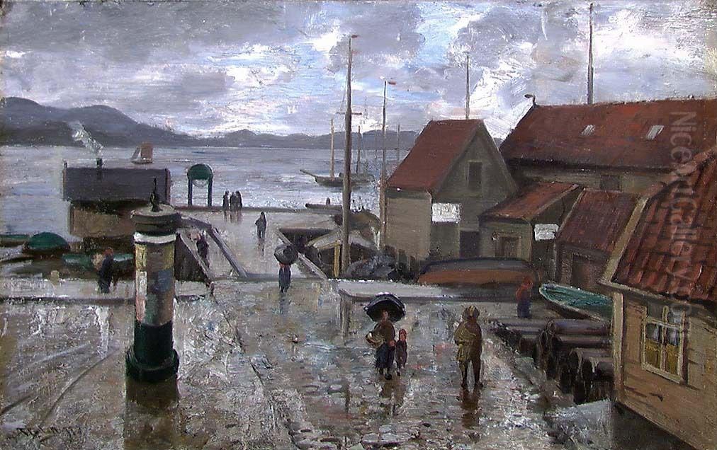 From the Harbour in Bergen Oil Painting by Frederik Collett