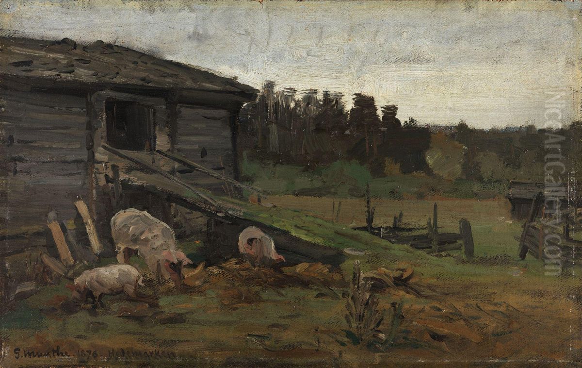 Pigs at the Barn Bridge Oil Painting by Gerhard Munthe