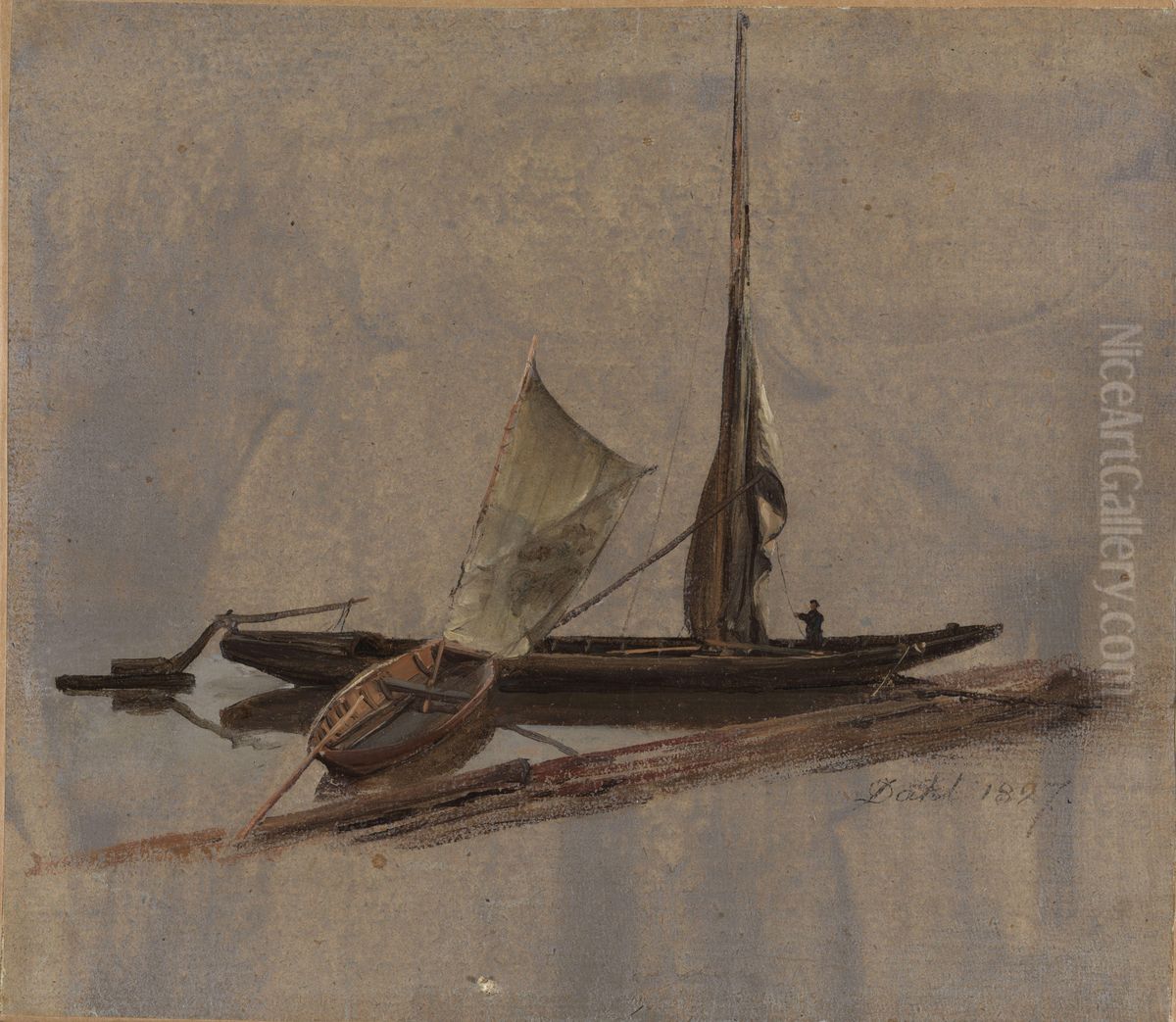 Two Sailing-Boats at the Elbe Oil Painting by Johan Wilhelm Ludwig Dahl