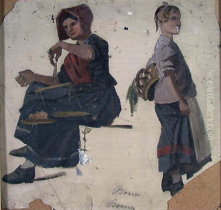 Two Women in Folk Costumes Oil Painting by Frederik Collett