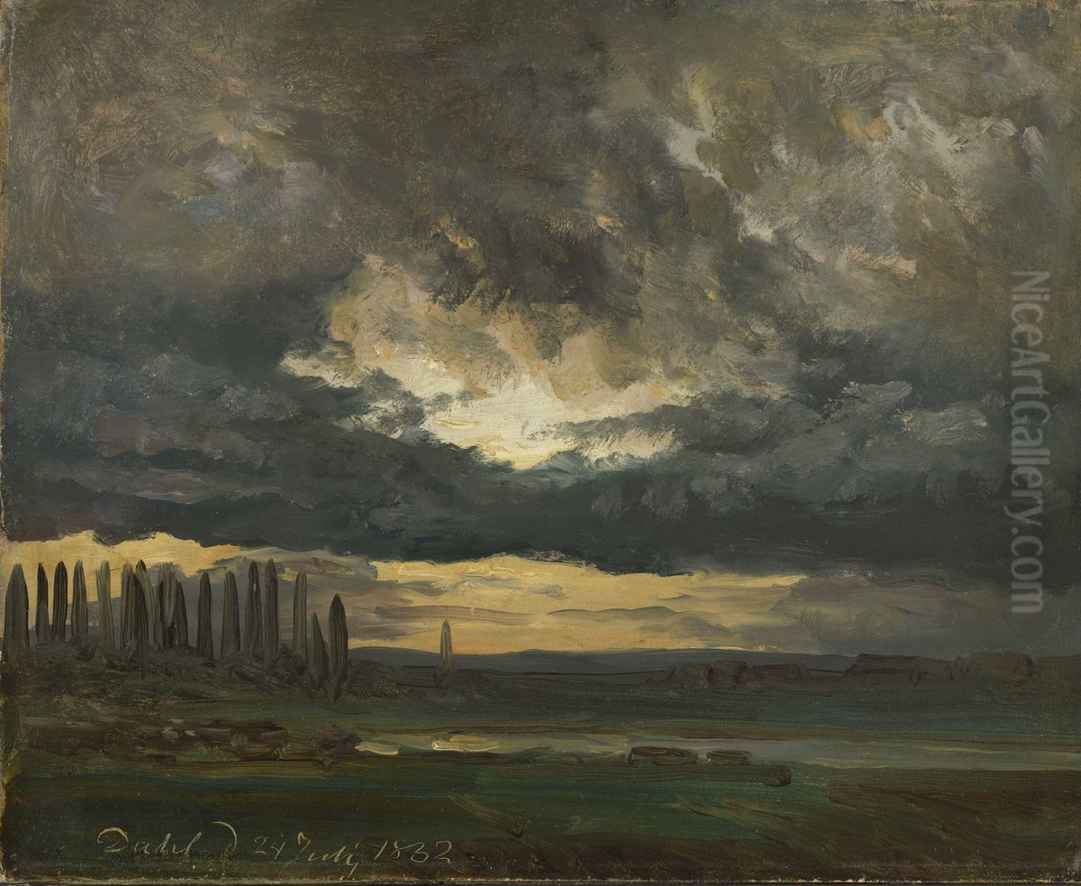 Cloud Study over the Elbe with Poplars Oil Painting by Johan Wilhelm Ludwig Dahl