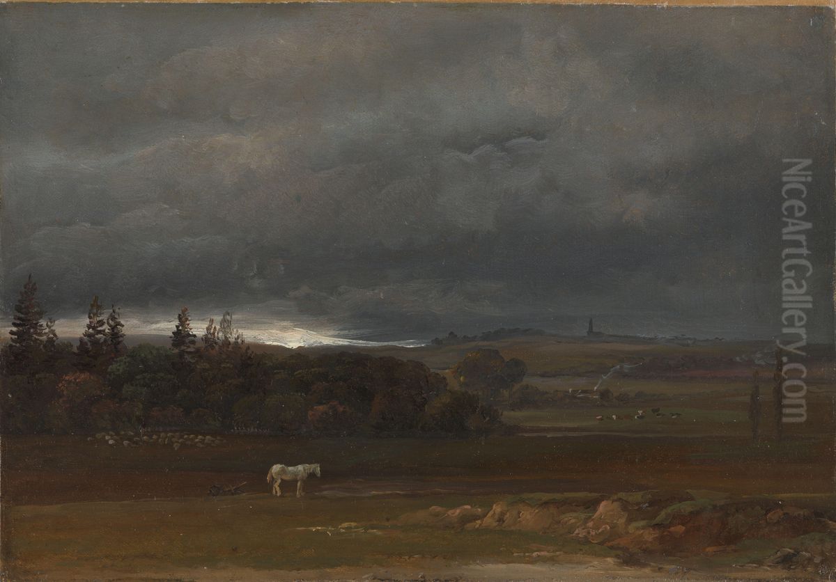 Fields near Dresden with a white Horse Oil Painting by Johan Wilhelm Ludwig Dahl