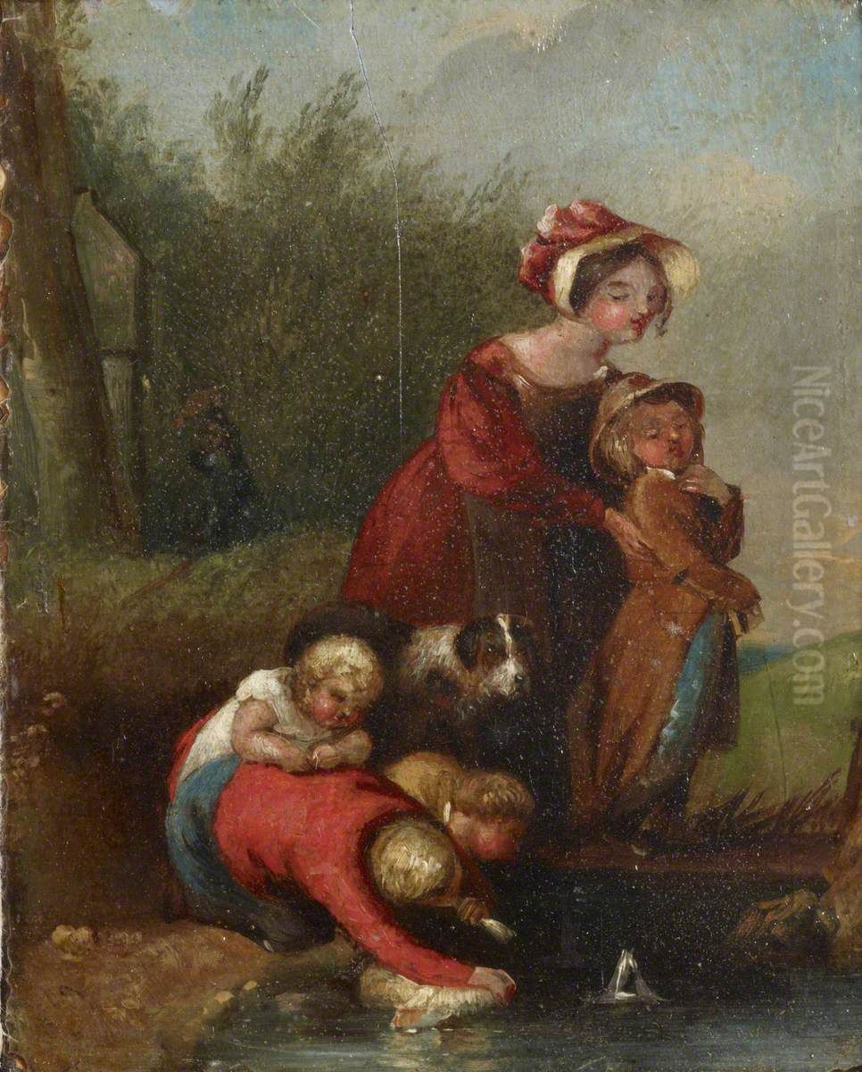 Family Group by a Footbridge Oil Painting by Henry Thomson