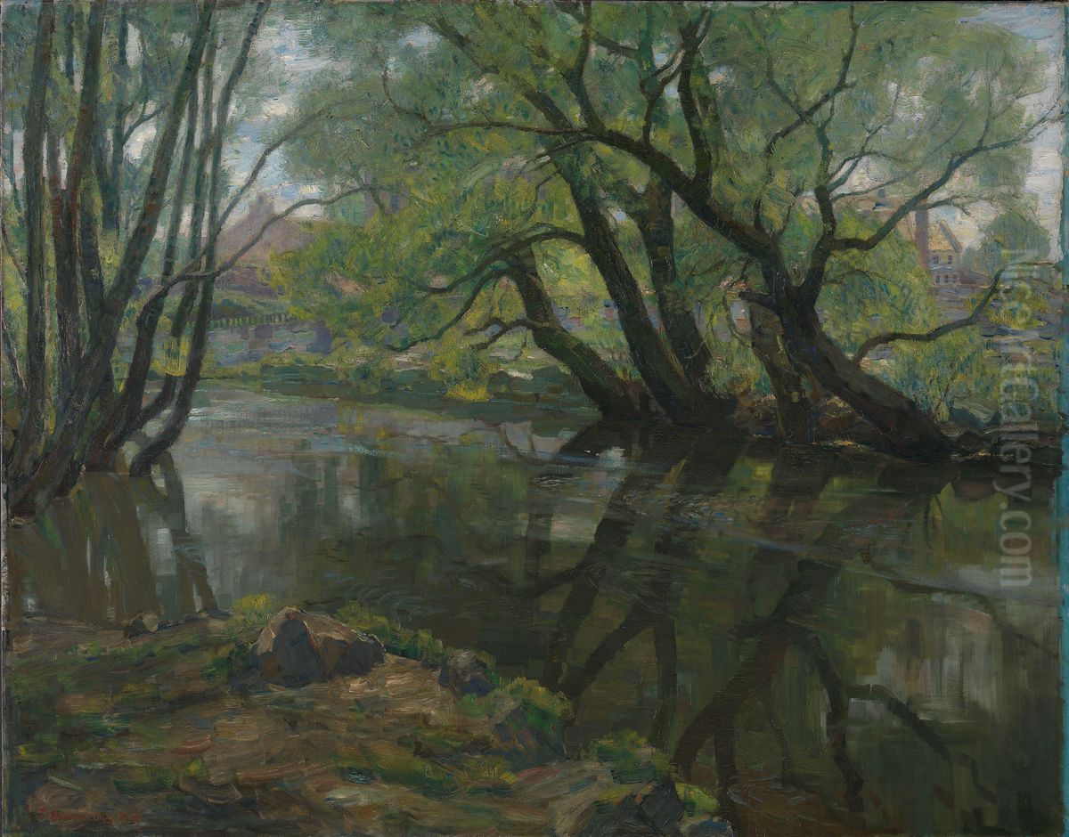 Weeping Willows by Akerselven Oil Painting by Thorolf Holmboe