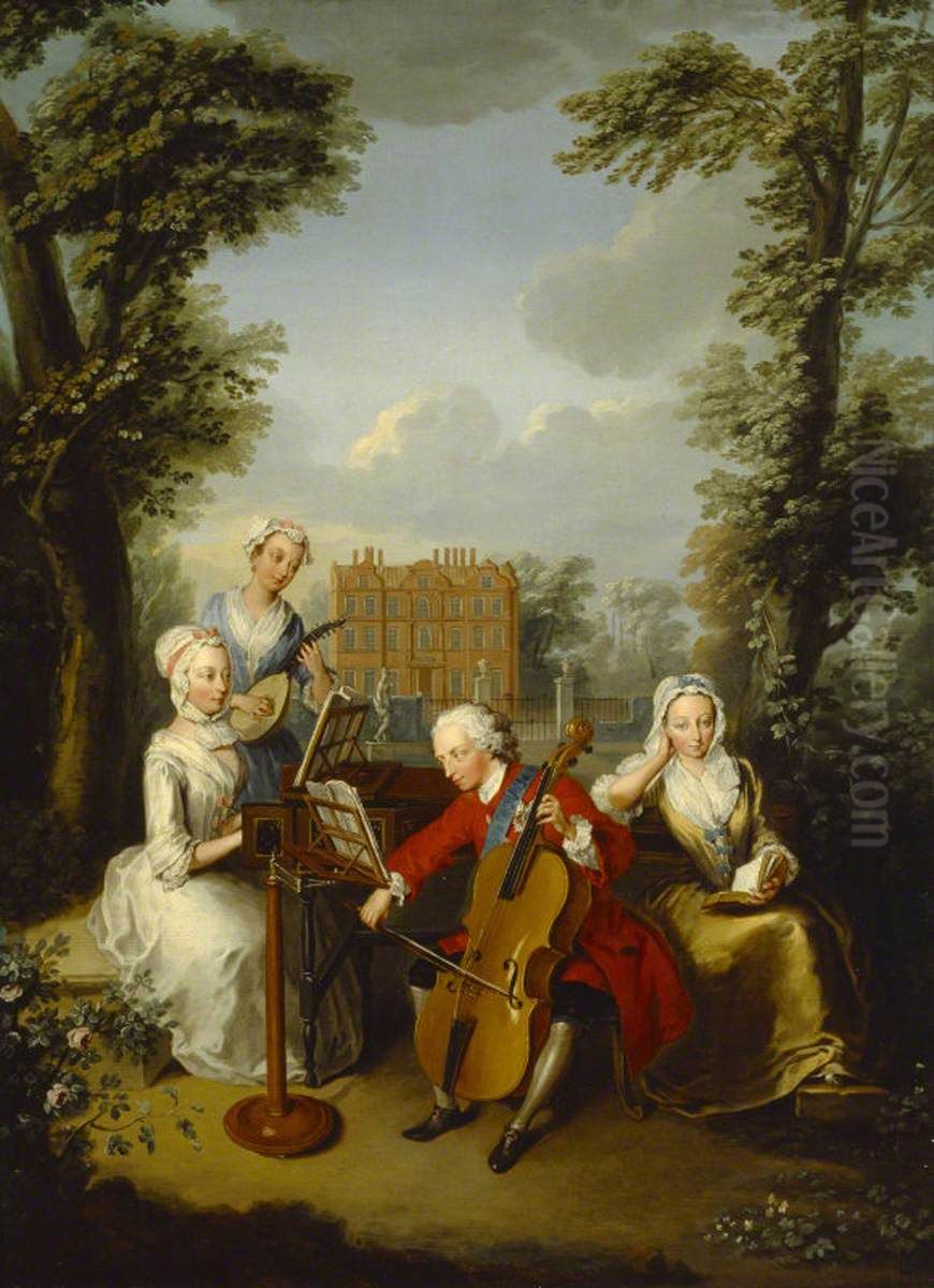 Frederick Louis (1707-1751), Prince of Wales, Accompanied by His Sisters, Anne (1709-1759), Caroline (1713-1757), and Amelia (1711-1786), Making Music at Kew Oil Painting by Philippe Mercier