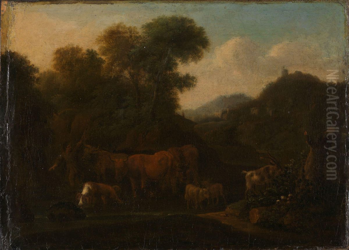 Mountain Landscape with Shepherd Oil Painting by Jan van Gool