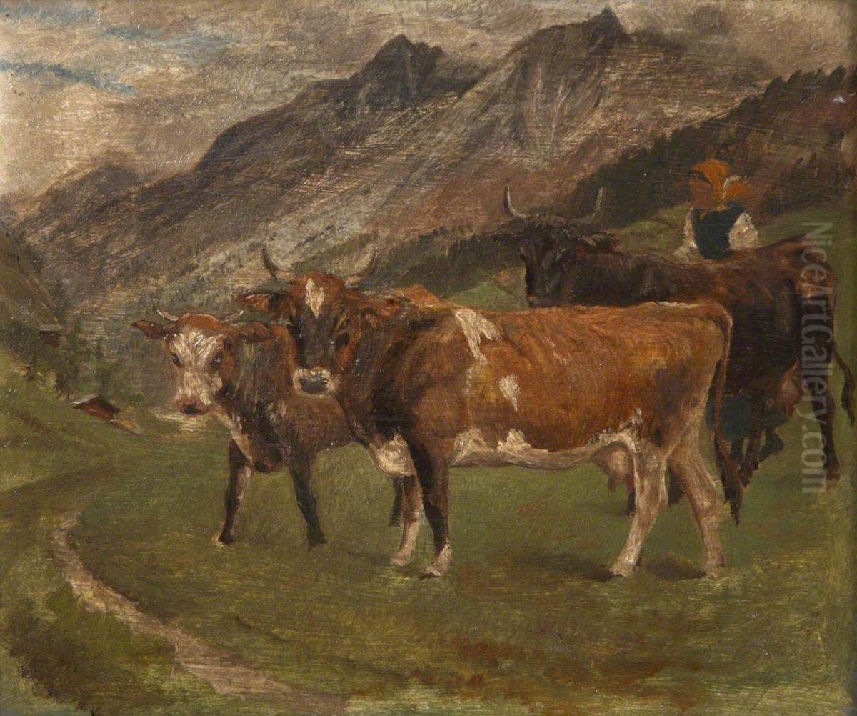 Cattle in the Italian Alps (recto); The Artist's Garden in Surrey (verso) Oil Painting by Randolph Caldecott