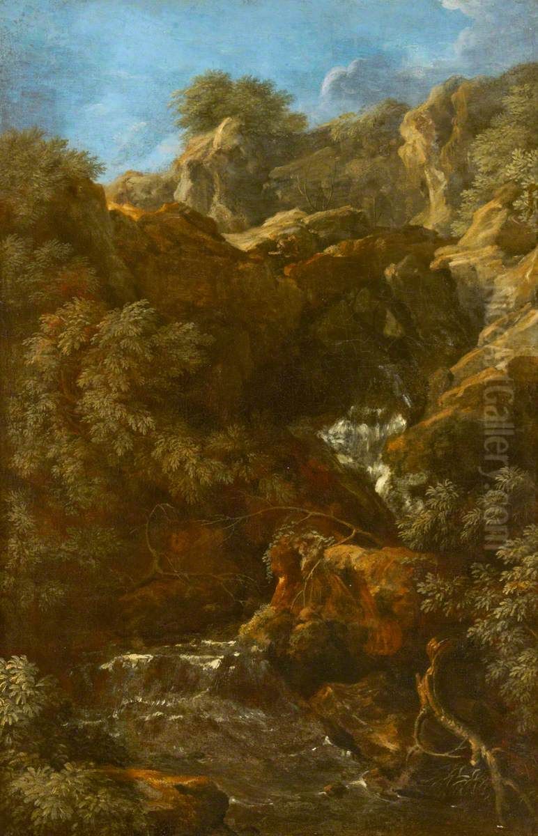 A Waterfall amongst Rocks (possibly Tivoli) Oil Painting by Gaspard Dughet