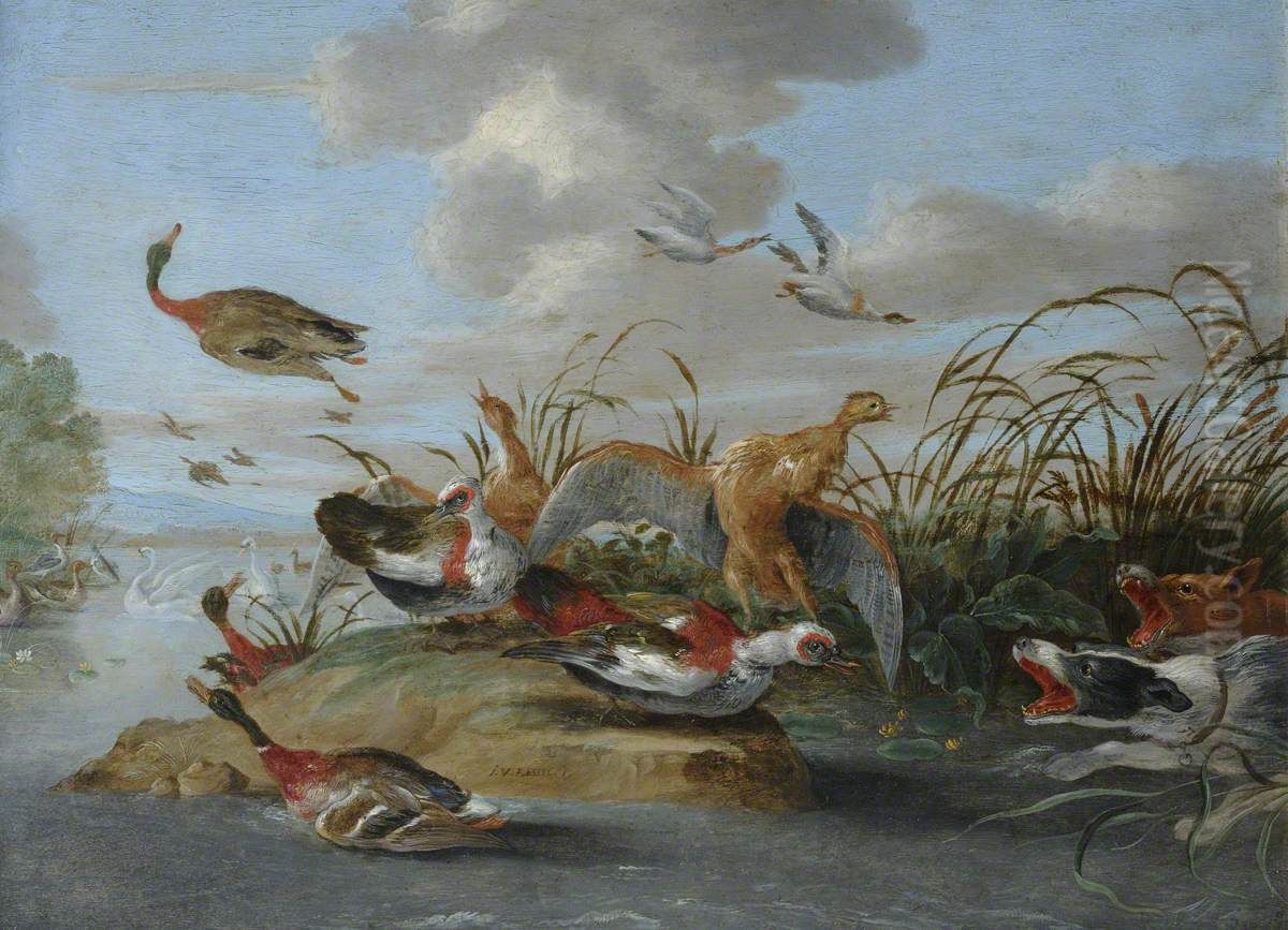Waterfowl and Dogs Oil Painting by Jan van, the Younger Kessel