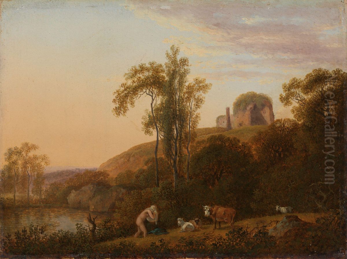 Italian Landscape with Ruins and bathing Woman Oil Painting by Johann Christian Klengel