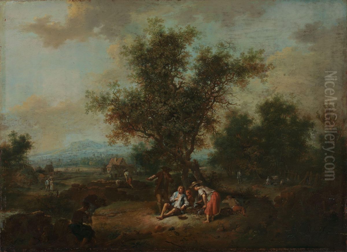 Landscape with Peasants Oil Painting by Johann Conrad Seekatz