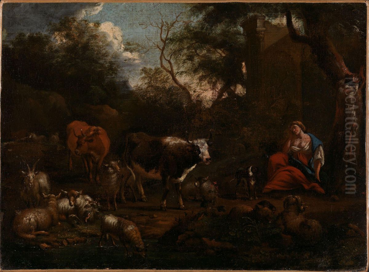 Mountain Landscape with Resting Woman Oil Painting by Jan van Gool