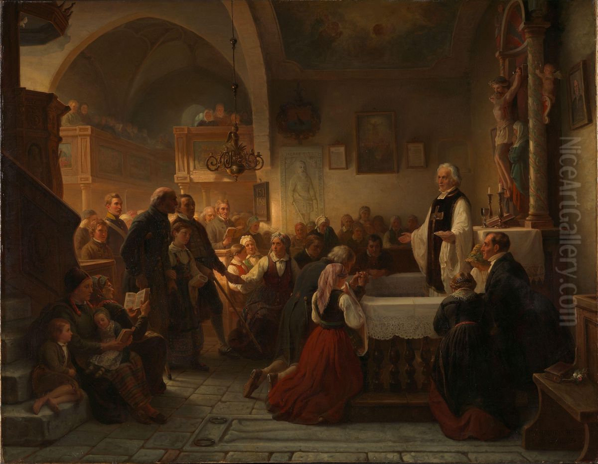 Celebrating Communion in a Swedish Parish Church Oil Painting by Bengt Nordenberg