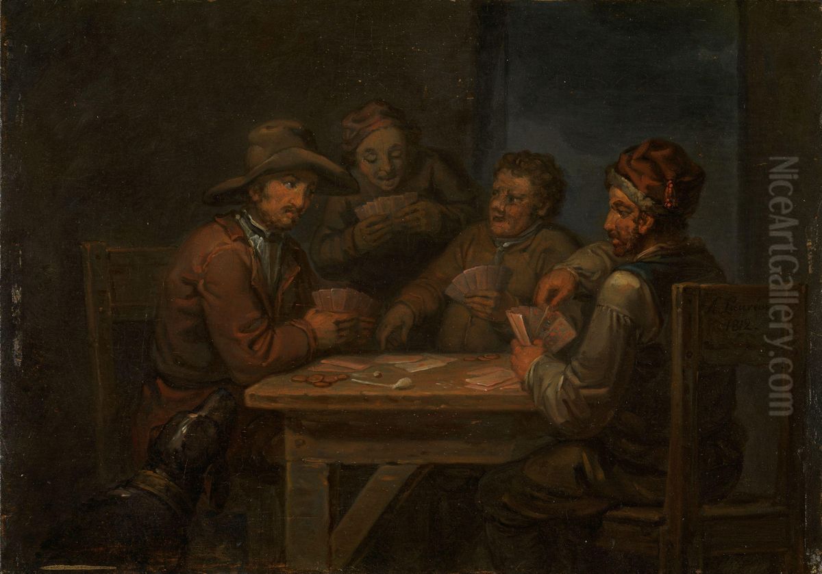 Peasants playing Cards Oil Painting by Aleksander Laureus