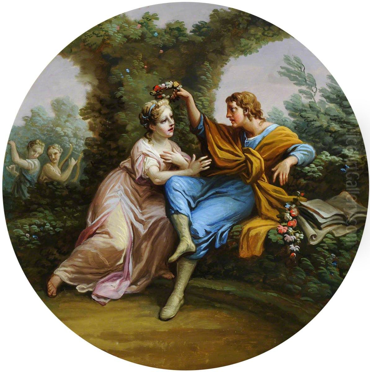 Daphnis Bestowing a Garland of Flowers on Chloe Oil Painting by Antonio Zucchi