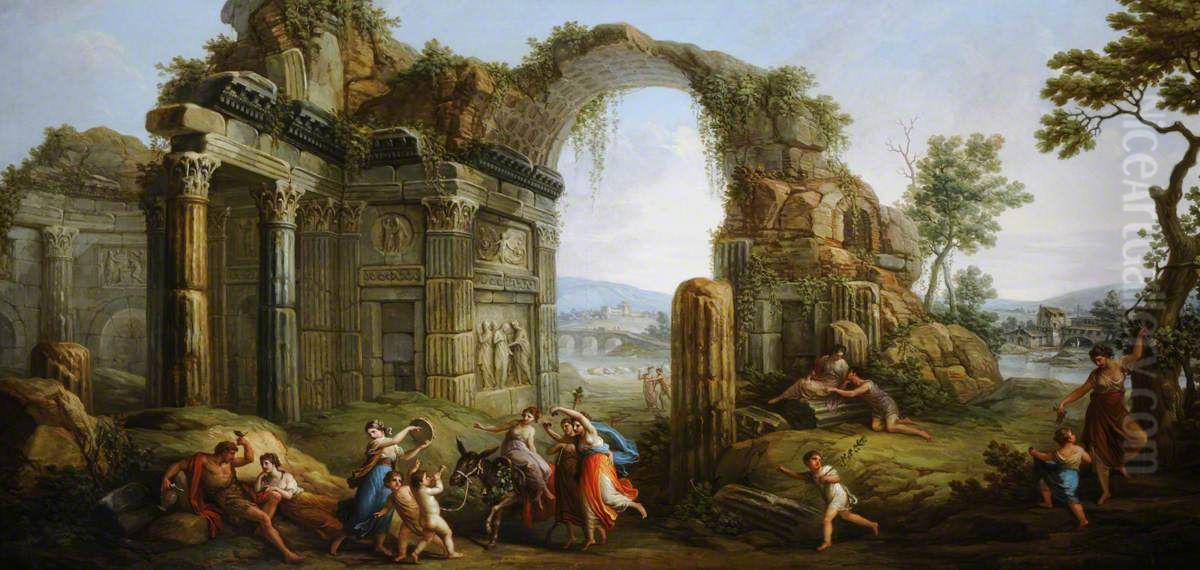 Capriccio of Figures Dancing amongst Classical Ruins, with a Ruined Arch Oil Painting by Antonio Zucchi