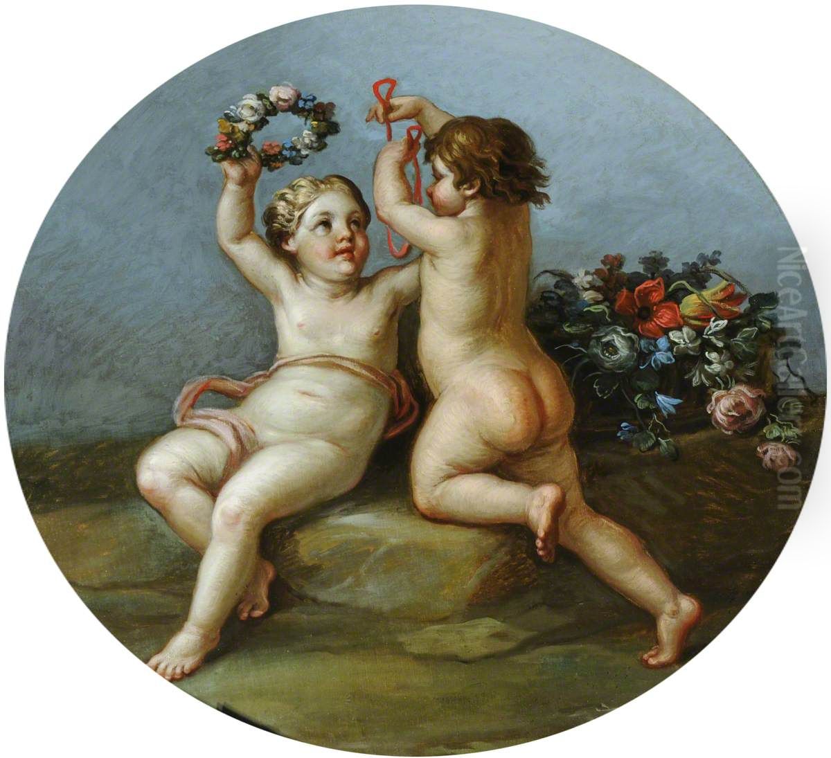 Putti with a Garland of Flowers Oil Painting by Antonio Zucchi