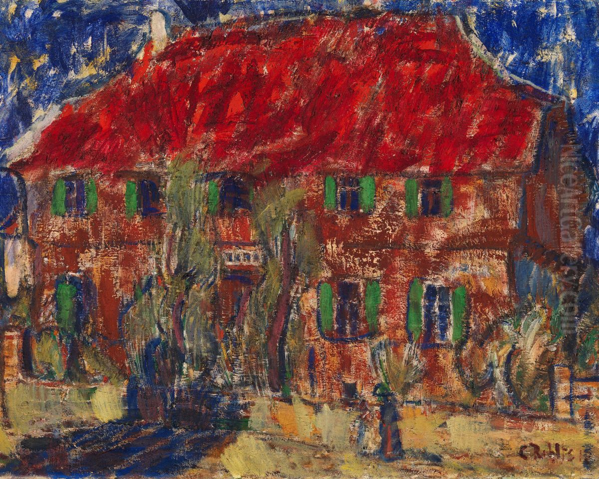 House with a Red Roof Oil Painting by Christian Rohlfs