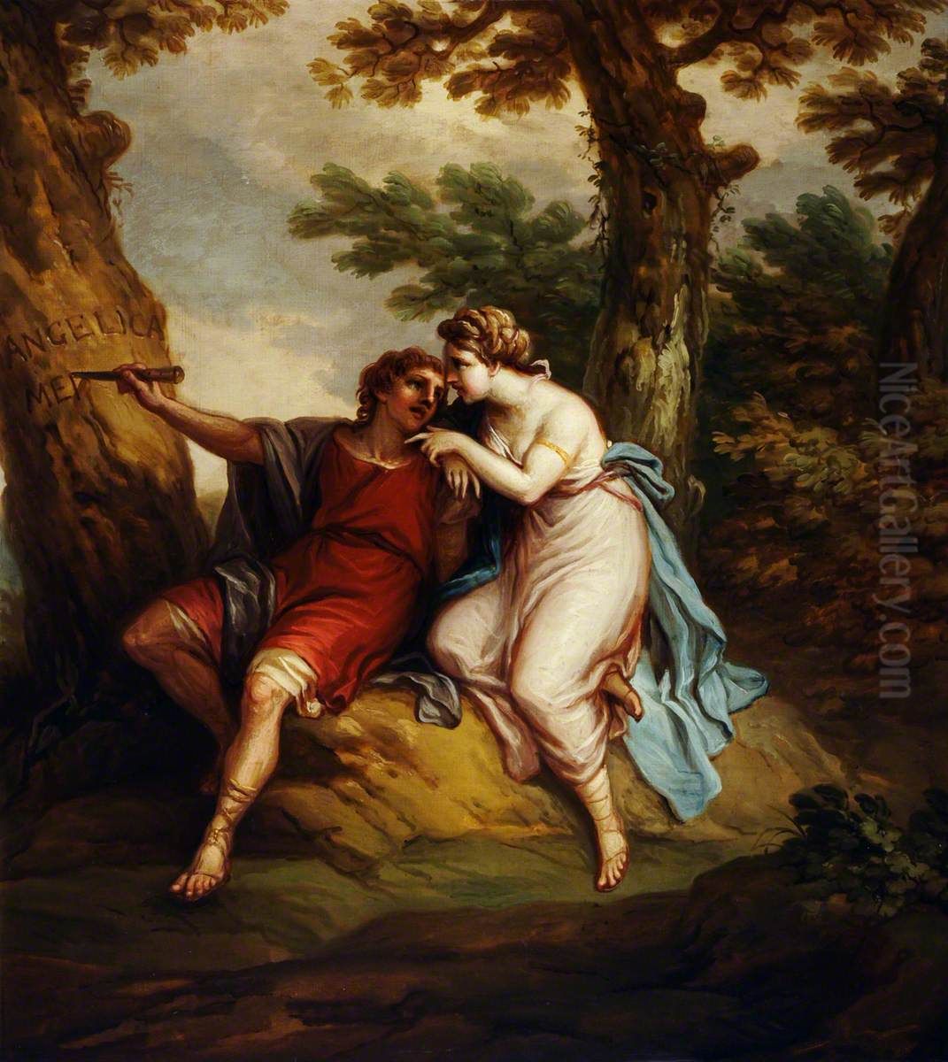 Angelica, and Medoro carving his Name on the Trunk of a Tree Oil Painting by Antonio Zucchi