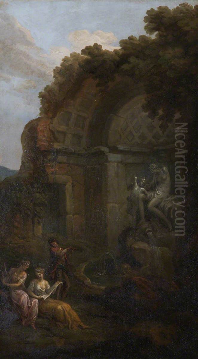 A Ruined Temple and Fountain with Musicians (a set of six decorative wall panels) Oil Painting by Antonio Zucchi