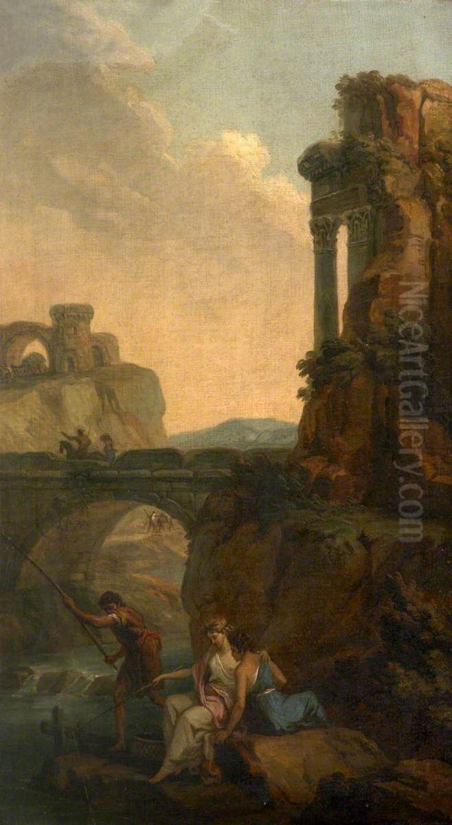 Landscape with a Bridge and Ruins with Peasants Fishing (a set of six decorative wall panels) Oil Painting by Antonio Zucchi