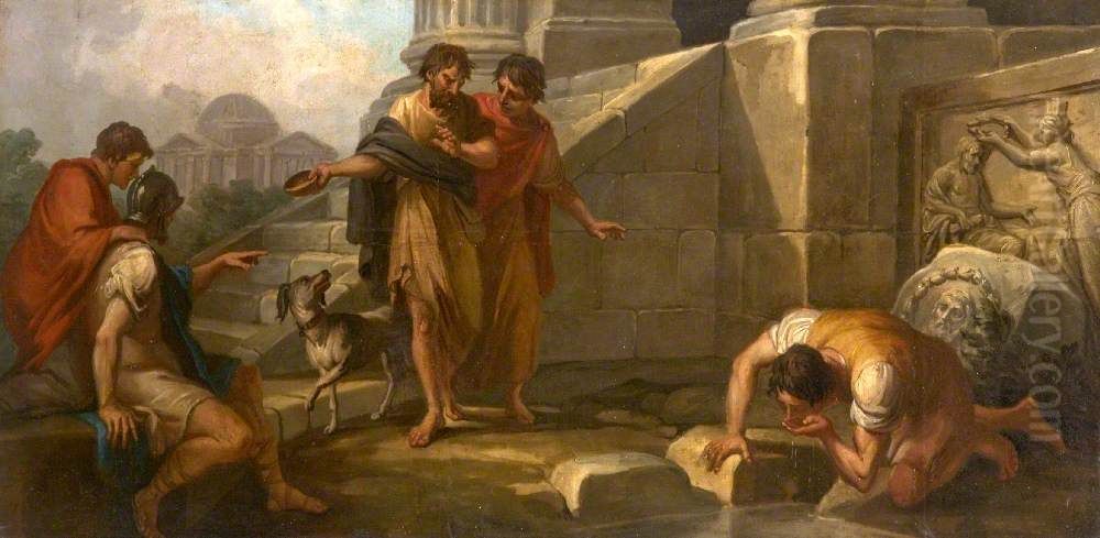 Diogenes Casting Away His Wooden Bowl as a Superfluity, on Seeing a Youth Drinking from His Hand (a set of three decorative wall panels) Oil Painting by Antonio Zucchi