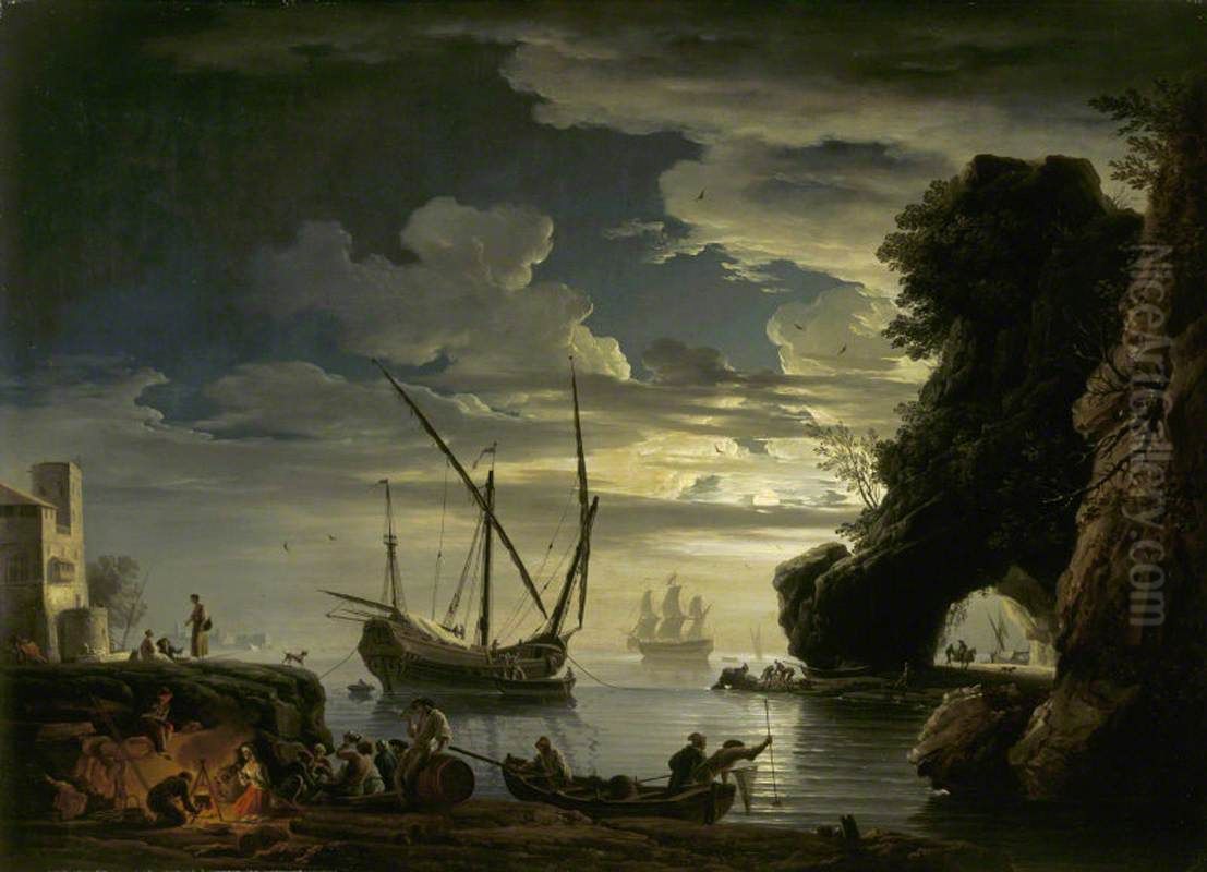 Rocky Inlet with Fisherfolk setting their Nets, cooking and drinking Oil Painting by Joseph Vernet
