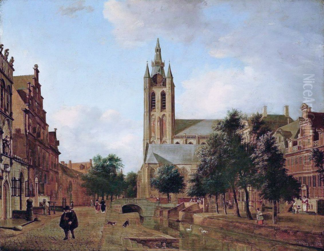 The Oude Kerk on the Oude Delft in Delft Oil Painting by Jan Van Der Heyden