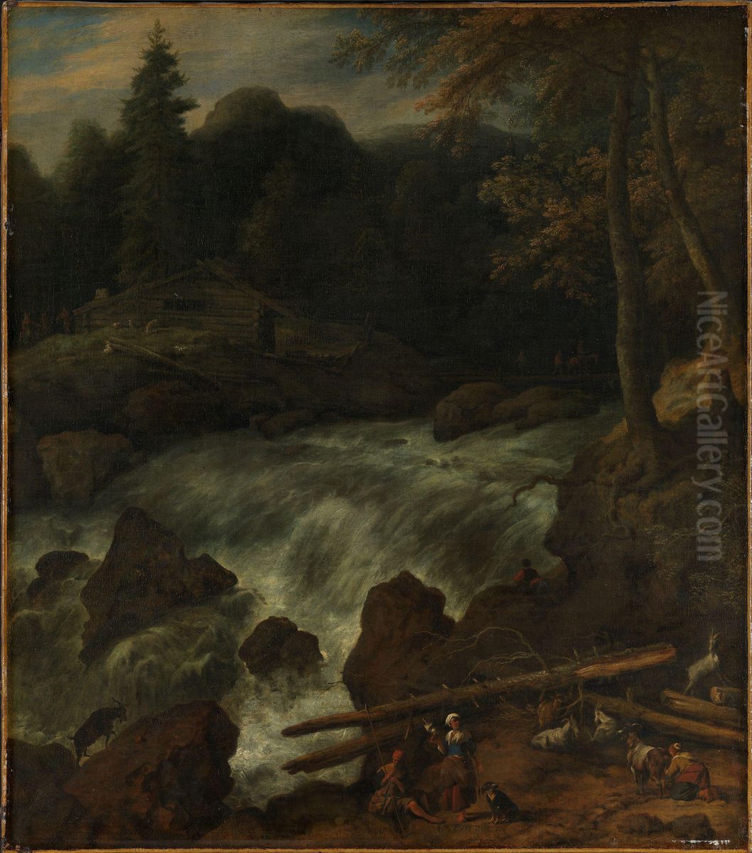 Waterfall Oil Painting by Allaert van Everdingen