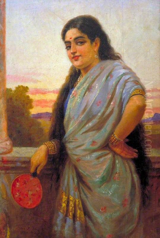 Woman Holding a Fan Oil Painting by Raja Ravi Varma