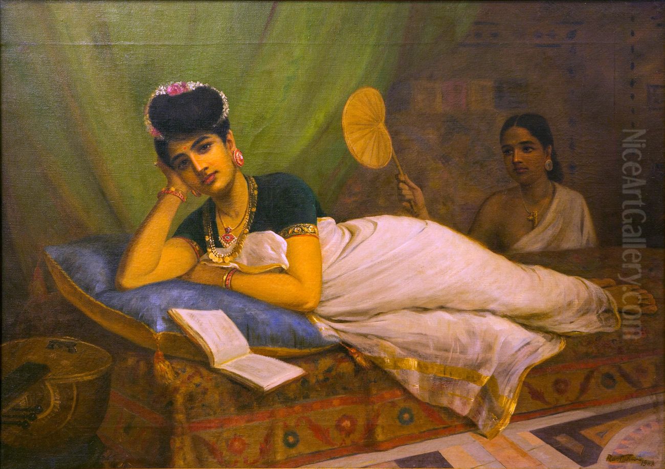 Reclining Nayar Lady[1] Oil Painting by Raja Ravi Varma