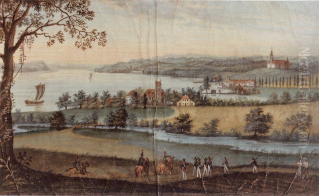 Ansicht des Bodensees mit Seefelden (Kirche St. Martin), Wallfahrtskirche Birnau und Schloss Maurach. Oil Painting by unknown