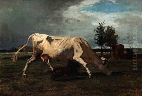 Kuh, von einem Hund verfolgt Oil Painting by Constant Troyon
