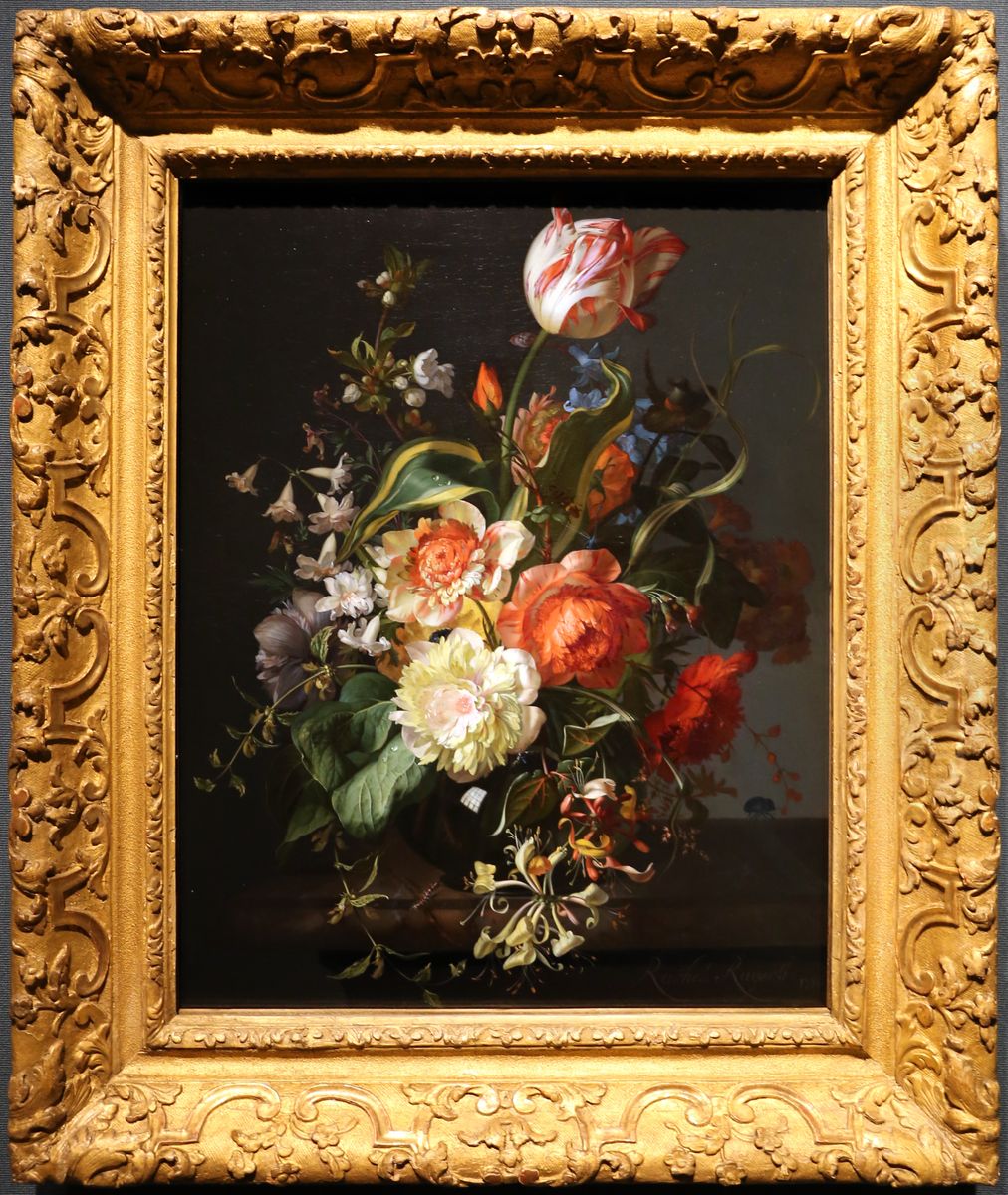 Flowers in a glass vase on a marble ledge Oil Painting by Rachel Ruysch