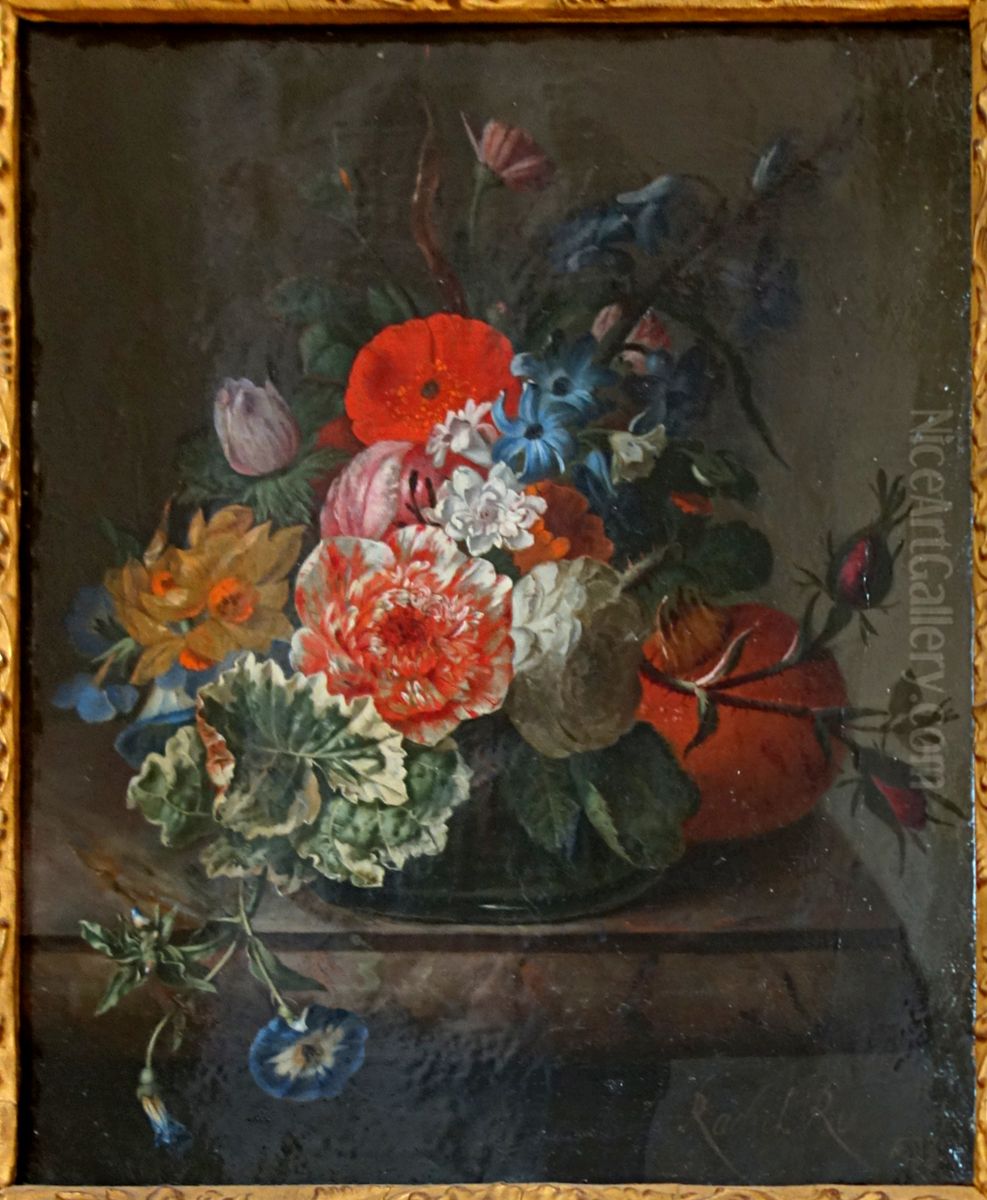 Flowers in a glass vase on a marble ledge Oil Painting by Rachel Ruysch