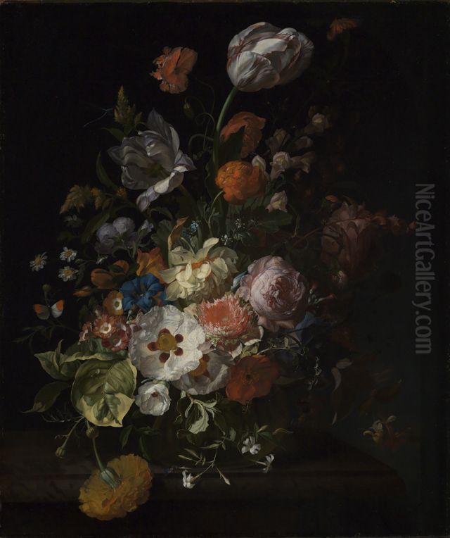 Flowers on a marble slab Oil Painting by Rachel Ruysch