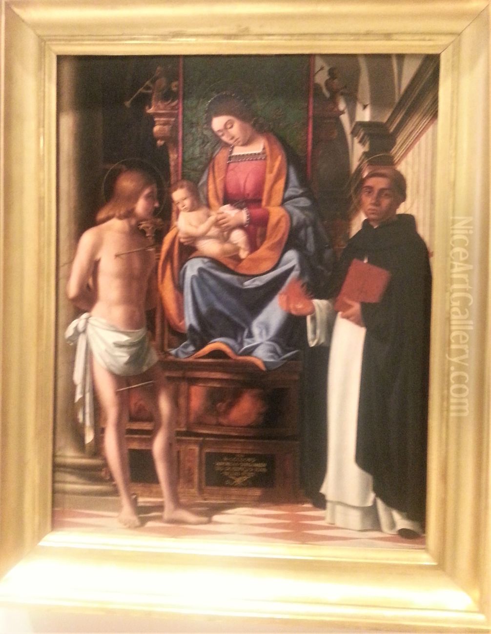 Madonna and Child enthroned between Saints Sebastian and Vincenzo Ferrer Oil Painting by Andrea Previtali
