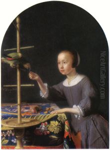Girl Feeding a Parrot a Nut