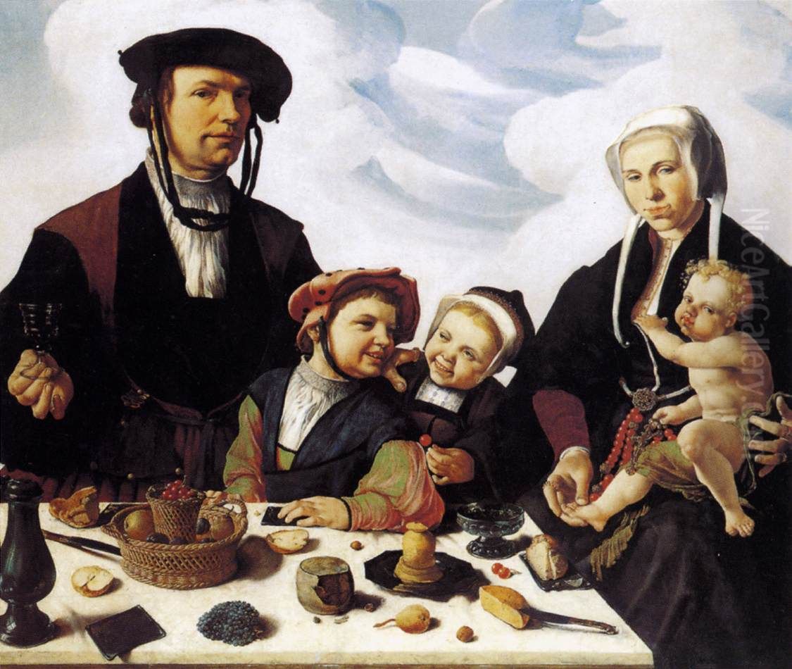 Portrait of Pieter Jan Foppesz. (?-1541) and his family Oil Painting by Maarten Van Heemskerck