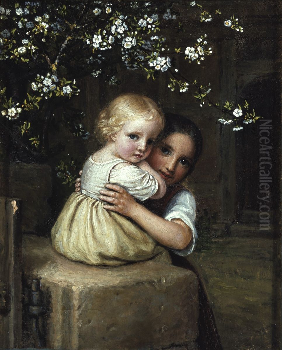 Kind und Madchen unter bluhendem Apfelbaum Oil Painting by August von der Embde
