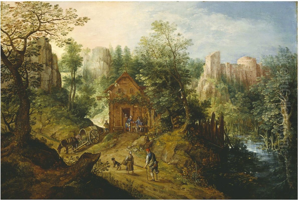 Mountain Valley with Inn and Castle Oil Painting by Pieter Stevens