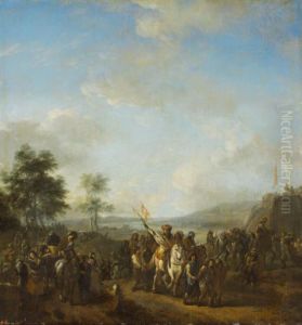 Soldiers with prisoners in a landscape