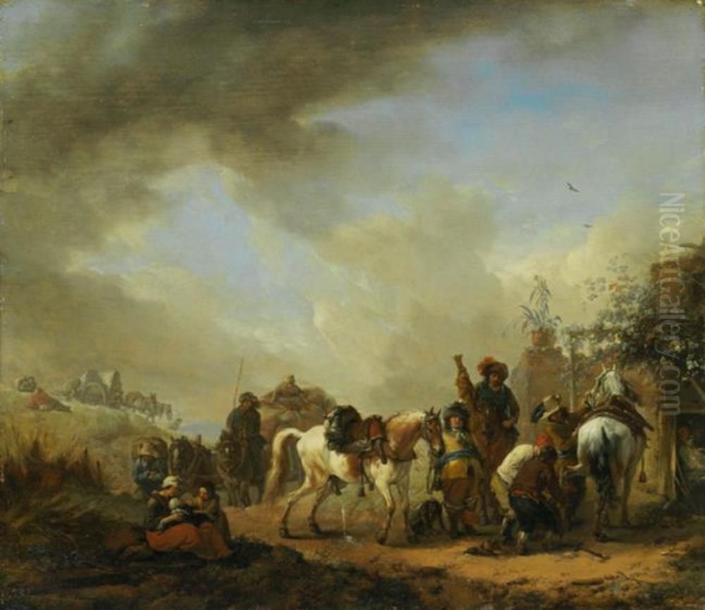 Landscape with horses at a blacksmith Oil Painting by Philips Wouwerman