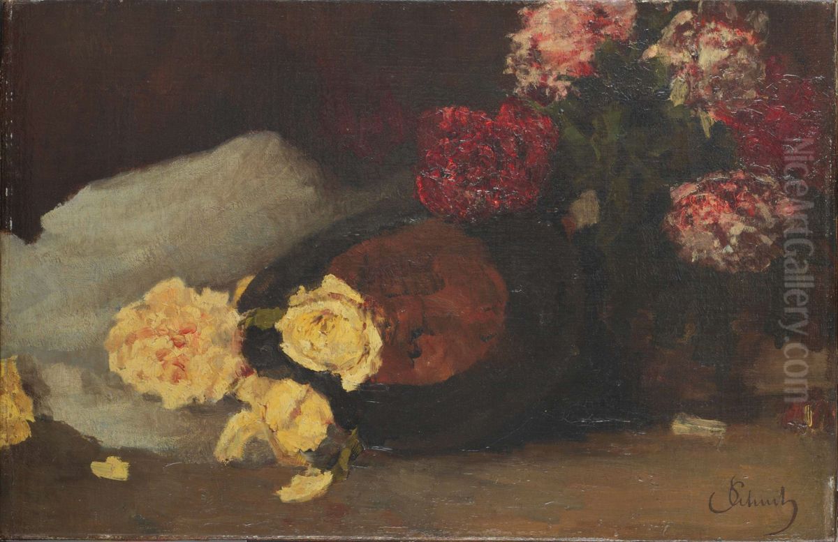 Still Life with Tea roses, peonies and Chapeau Claque Oil Painting by Carl Schuch