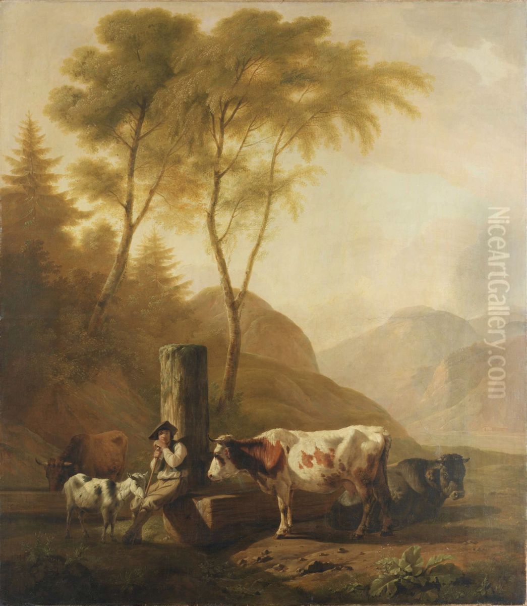 Shepherd and flock at the well Oil Painting by Carl Kuntz