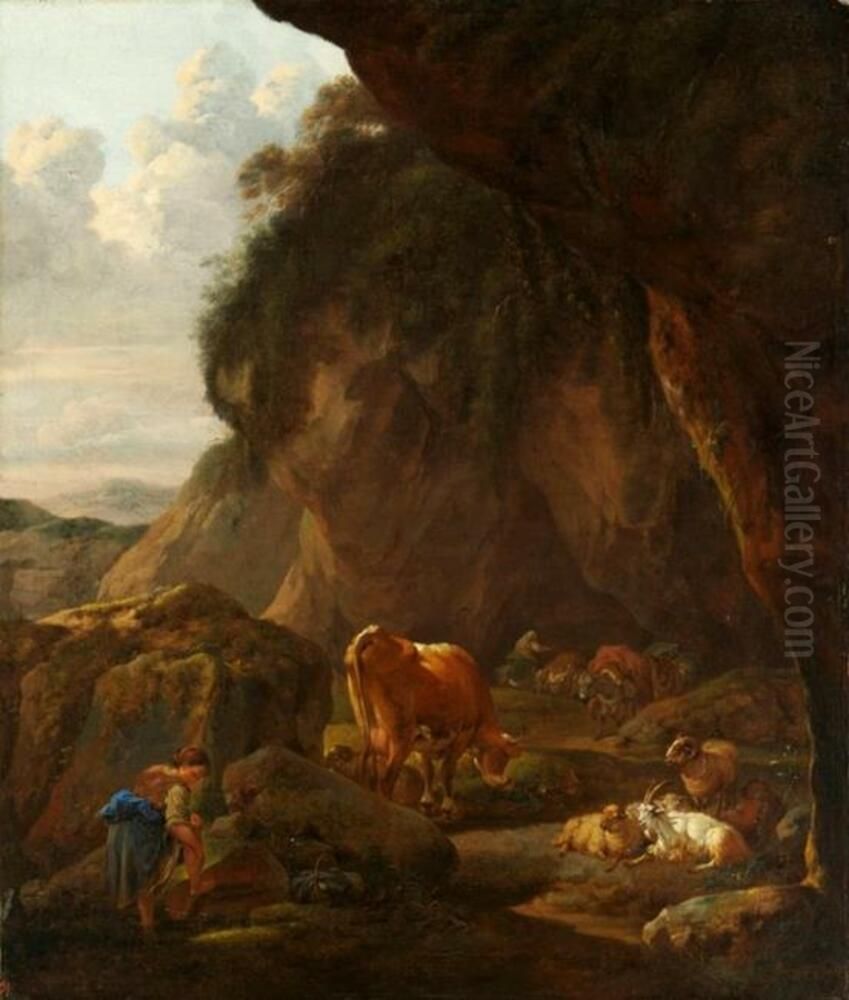 Mountainous landscape with shepherdess and cattle Oil Painting by Johann Heinrich Roos