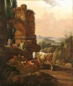 Southern landscape with shepherdess and cattle at a ruin