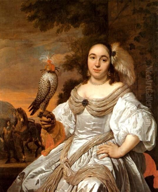 Portrait of a woman with a falcon Oil Painting by Bartholomeus Van Der Helst