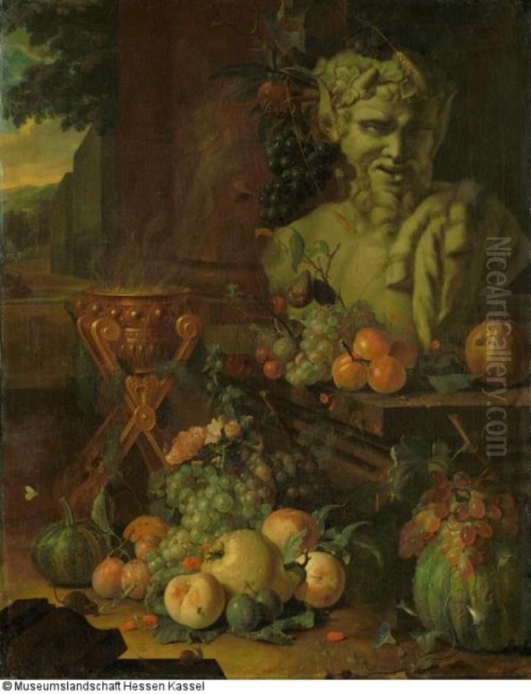 Fruit piece with a satyr bust and a smoke pot Oil Painting by Coenraet Roepel